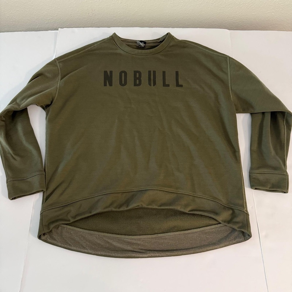 NOBULL Womens Olive Green High Low Fleece Sweatshirt Pullover Logo Graphic L